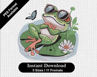 Frog with Sunglasses Machine Embroidery Design (Digital Download)