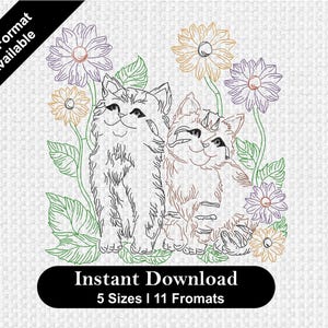 Katze Stickmuster, Maschinenstickerei, süße Katze Floral Stickmuster, Sofort Download, Katze Muster, Tier Stickerei PES