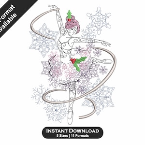 May include: An embroidery design featuring a ballerina with pink hair and holly accents, surrounded by snowflakes and a ribbon. The text "PES Format Available" is in the upper left corner. The text "INSTANT DOWNLOAD" is at the bottom.