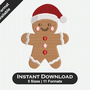 Pode incluir: Um design de homem de gengibre com um chapéu de Pai Natal vermelho, detalhes de glacê branco e bochechas rosadas. A imagem inclui o texto "PES Format Available" e "INSTANT DOWNLOAD 5 Sizes | 11 Formats".