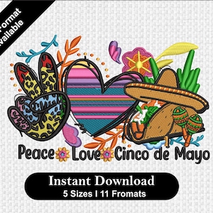 Cinco de Mayo Embroidery Design: Peace, Love, America (Instant Download)