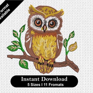 May include: Embroidered owl design in brown, yellow, and white, perched on a brown branch with green leaves. The image includes the text "PES Format Available" and "Instant Download 5 Sizes 11 Fromats".