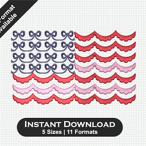 Scalloped Bow American Flag Embroidery Design – 4th of July Patriotic Machine File – Instant Download (4" 5" 6" 7" 8" Sizes, PES Format)