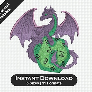 D20 Dice Dragon Embroidery Design – TTRPG/Tabletop RPG Machine Embroidery Pattern, DnD-Inspired, Instant Download