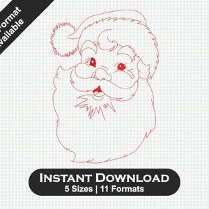Pode incluir: Um desenho a traço vermelho do rosto do Pai Natal, com chapéu, barba e bigode. A imagem inclui o texto "INSTANT DOWNLOAD 5 Sizes | 11 Formats" num oval preto. As palavras "PES Format Available" estão numa faixa diagonal preta.