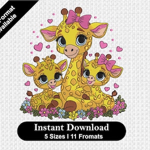 May include: A digital embroidery design featuring a family of three giraffes with yellow and brown spots, pink bows, and surrounded by pink hearts and flowers. The text "Instant Download" is displayed on a black banner.