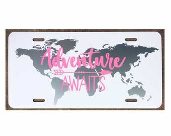 Adventure Awaits License Plate World Travel Car Tag Rving Camper Accessory