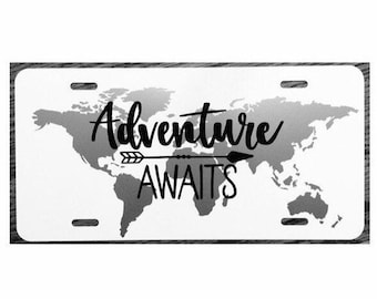 Adventure Awaits License Plate World Travel Car Tag Rving Camper Accessory