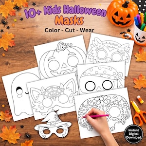 May include: A collection of printable Halloween masks for children featuring black and white line art designs including a pumpkin, owl, ghost, cat, pirate, sugar skull, and witch hat with the text 10+ Kids Halloween Masks Color - Cut - Wear.