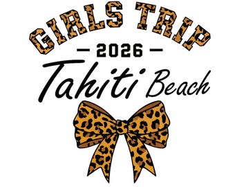 Viaggio tra ragazze 2026 Tahiti Beach PNG, maglietta vacanze con fiocco leopardato, sfondo trasparente