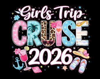 Crociera per ragazze 2026 PNG, Maglietta per vacanze tropicali, Design per viaggi al mare, Sfondo trasparente