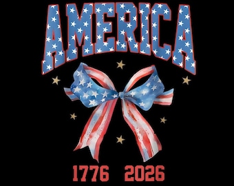 Fiocco americano PNG, nastro patriottico 1776-2026, anniversario USA, stampa per maglietta del 4 luglio, sfondo trasparente