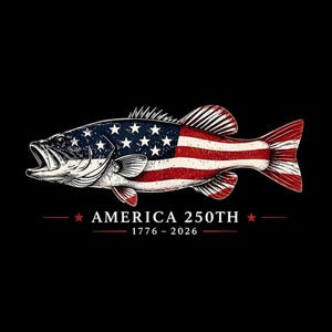 May include: A graphic illustration of a fish featuring the American flag pattern of red, white, and blue stars and stripes. Below the fish, the text reads AMERICA 250TH 1776 - 2026, flanked by two small red stars on a solid black background.