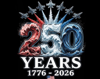 250 anni di jet patriottici PNG, anniversario USA 1776-2026, design rosso bianco blu, sfondo trasparente