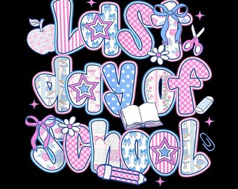 Ultimo giorno di scuola PNG, maglietta da insegnante, design patchwork rosa e blu, icone per la classe, sfondo trasparente