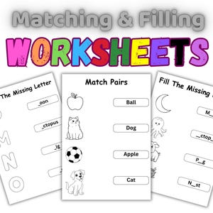 Hojas de trabajo de 21 páginas para combinar, completar y encontrar letras faltantes del alfabeto, paquete de aprendizaje imprimible para preescolar, educación en el hogar y jardín de infantes.