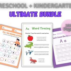 Paquete de aprendizaje imprimible para preescolar / prejardín de infantes / jardín de infantes / 100 páginas / Hojas de actividades / Trazar / contar / colorear.