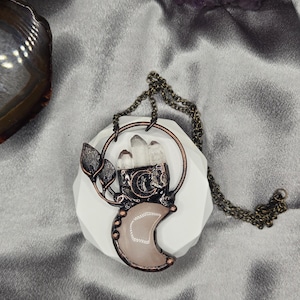 Rose Quartz Crescent Moon & Clear Quartz Pendant – Handmade Boho Crystal Necklace