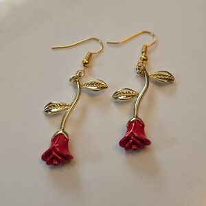 Elegant Rose Stem Dangle Earrings – Romantic Floral Jewelry in Gold & Red