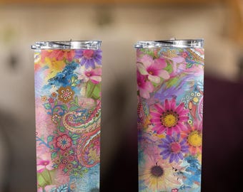 Vaso de acero inoxidable con estampado floral bohemio y cachemira