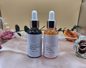 Suero facial totalmente natural de tanaceto azul y rosa / Hidratante, calmante e iluminador / Para todo tipo de piel