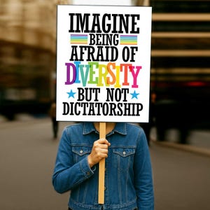Puede incluir: Una persona sostiene un cartel con las palabras "IMAGINE BEING AFRAID OF DIVERSITY BUT NOT DICTATORSHIP" en negro y colores del arcoíris. La persona lleva una chaqueta vaquera azul. El fondo está borroso.