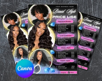 Braids Pricelist, Hair Styles Braiding Price Guide, DIY Template Flyer