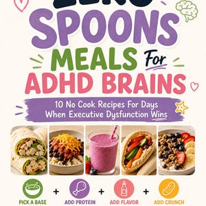 May include: A colorful infographic titled "ZERO SPOONS MEALS For ADHD BRAINS" with 10 no-cook recipes. The image features various food items like wraps, bowls, and smoothies, along with text instructions: "Pick a base," "Add protein," "Add flavor," and "Add crunch."