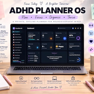 May include: A laptop displaying the ADHD Planner OS dashboard with dark mode interface, featuring task, goal, and budget trackers. Surrounding the screen are sticky notes, a white mug with text, and notebooks with text including Plans, Progress, and Healthy Habits.