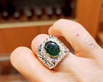 Dark Green Swat Emerald Stone Silver 925 Ring Unheated Untreated Real Natural Mens Emerald Ring Xmas Gift