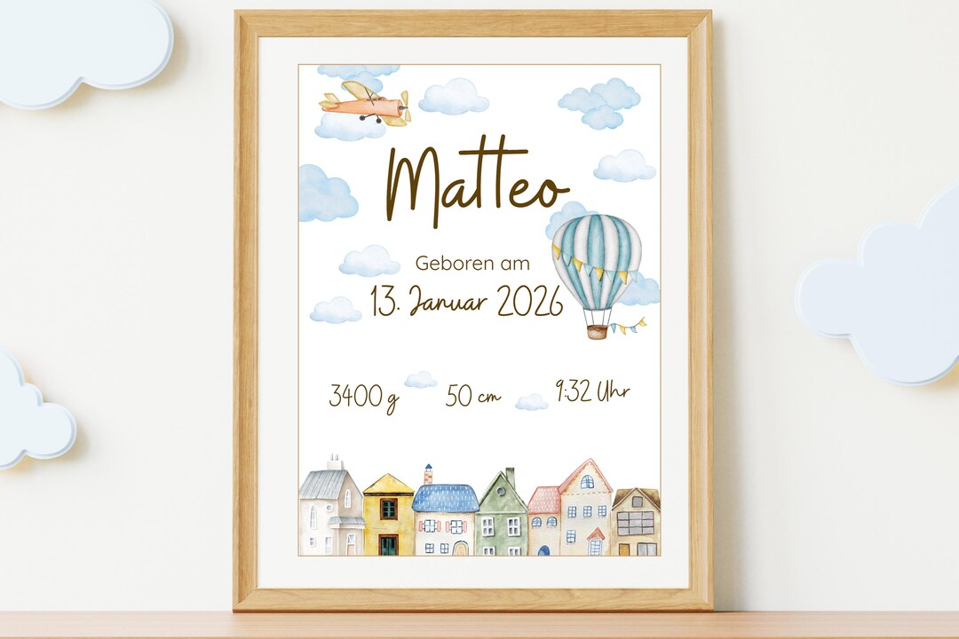 Personalized Birth Poster for a Boy, Hot Air Balloon Baby Poster With ...