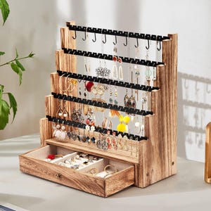 Rustic Wooden Earring & Necklace Organizer: 5-Tier Jewelry Display Stand