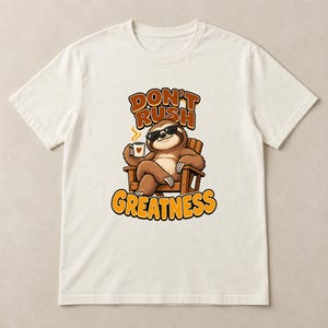 May include: A cream-coloured t-shirt featuring a graphic of a brown sloth wearing black sunglasses, sitting in a wooden chair while holding a white mug with a heart. The text above and below the sloth reads, DON'T RUSH GREATNESS in orange.