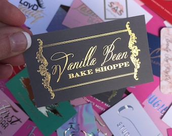 Business Cards for Vanilla Bean Bake Shoppe in Greenville, NC | Silk Finish with Gold Foil | Baker, Cake Maker, Bake Shop, Wedding Cakes