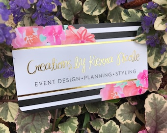 Gold Foil Business Cards with Silk Laminate, Event Planner, Wedding Planner, Floral Business Cards, Florist, Stripes, Black and White
