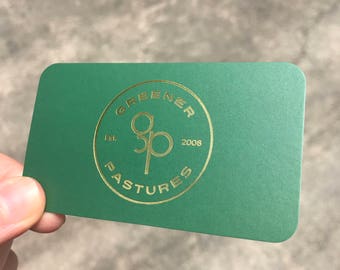 Business Cards with Gold Foil and Silk Laminate, Greener Pastures, Cannabiz, Cannabis, Green and Gold, Mini Farm, Business Cards