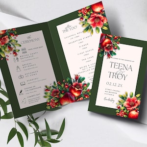 Wedding Program Template with Pomegranate Red Roses, Wedding Order of Service, Instant Download, Editable, Printable Template