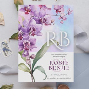Purple and Blue Orchids Wedding Invitation Template, Watercolor Floral Invite, Elegant Editable Canva Design, Printable Wedding Bundle