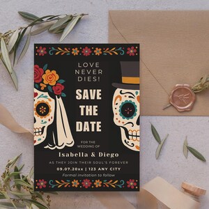 Bis der Tod uns scheidet Save the Date, Calavera Hochzeitskarte, Dia de los Muertos druckbar, Gotische Schädel Thema, Canva Vorlage