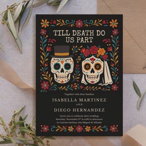 Calavera Hochzeitseinladungspaket, Dia de los Muertos Printable Set, Till Death Do Us Part, Gothic Skull, bearbeitbare Canva-Vorlagen