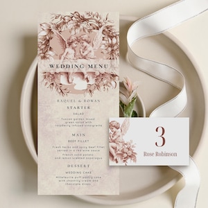 Menús de boda con temática de ángel querubín y tarjetas de lugar, plegadas y planas, descarga instantánea