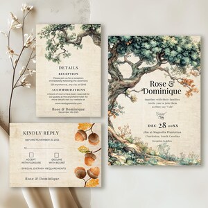 Hochzeitseinladungspaket für das südliche Gut, lebende Eiche mit spanischem Moos, zeitlose Charleston-inspirierte Reihe, bearbeitbare Canva-Vorlagen