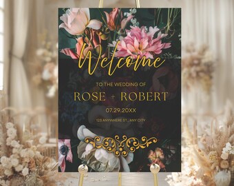 Moody Peony Black Welcome Sign – Dark Floral Wedding Template – Romantic Printable Ceremony Sign