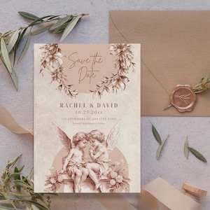 Cherub Save the Date Card Template, Vintage Angel Theme Wedding Announcement, Printable and Editable Canva Design