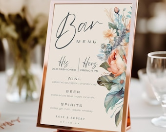 Dusty Blue and Peach Floral Bar Menu, Printable Drink Sign, Elegant Summer Wedding Décor