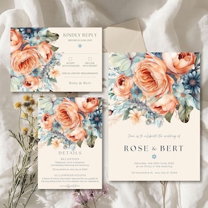 Staubiges Blau und Pfirsich Blumenhochzeits-Einladungs-Set, druckbare Sommereinladung, elegante Blumenvorlage für DIY-Hochzeit