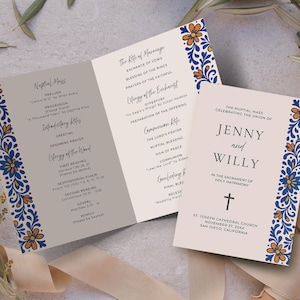 May include: Wedding ceremony program with floral border design in blue and orange. The program includes the names "Jenny and Willy" and the date and location of the wedding. The program lists the order of the ceremony.