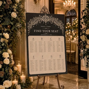 Plantilla de plano de asientos de encaje victoriano, letrero de boda gótico, cartel de recepción editable en Canva