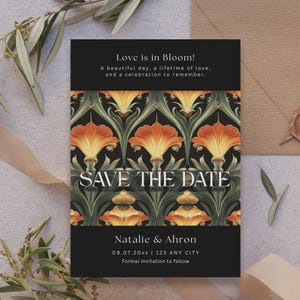 Gothic Art Nouveau Save the Date Template, Dark Floral Wedding Announcement, Editable Printable Card, Moody Vintage Style Invite