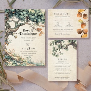 Live Oak Tree Wedding Invitation Bundle, Rustic Southern Printable Set, Spanish Moss Invite Suite, Elegant Canva Templates Outdoor Wedding